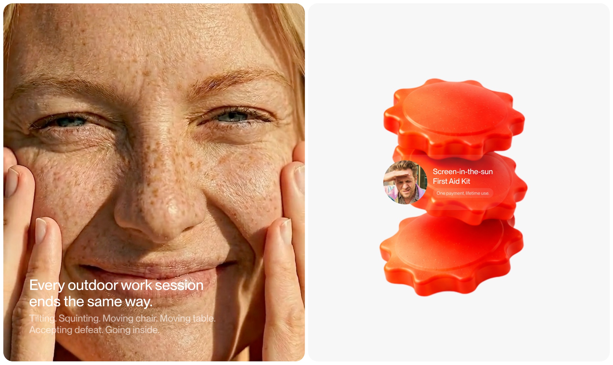 Outshine — split product film and screen-in-the-sun card